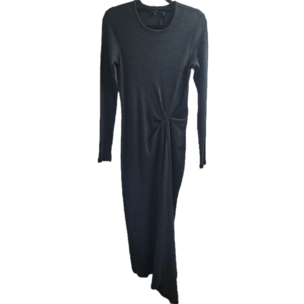 Theory Rib Tuck Sweater Dress L Charcoal Asymmetrical Midi Knit NWT